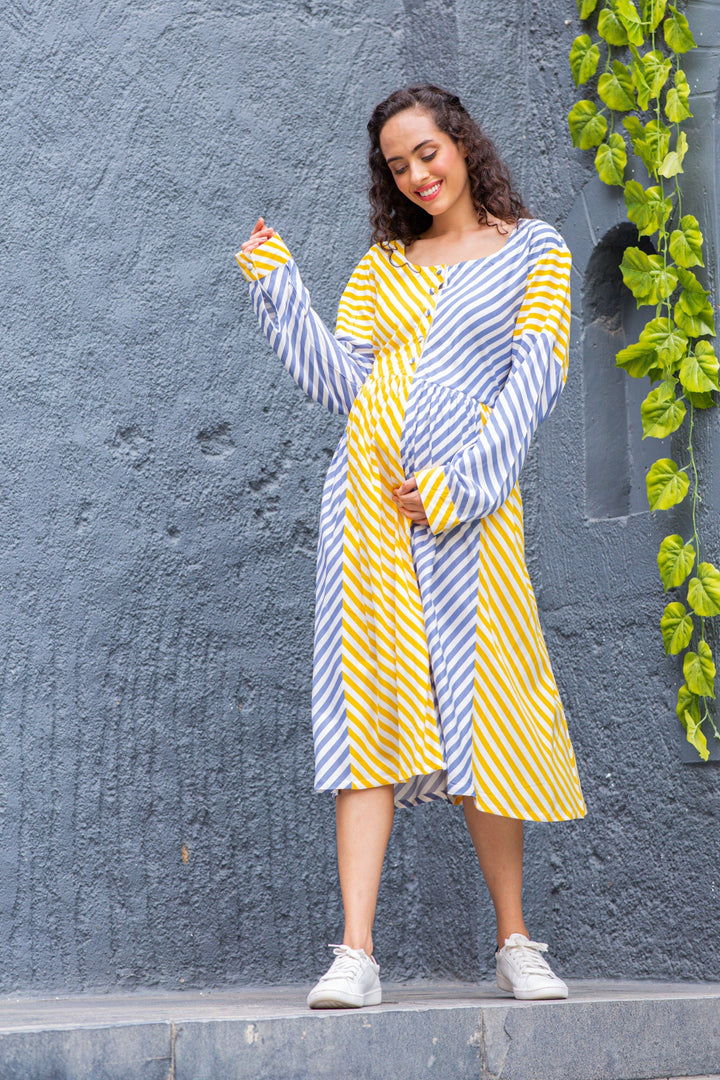 Slate Yellow Striped Maternity & Nursing Dress (100% Cotton) momzjoy.com