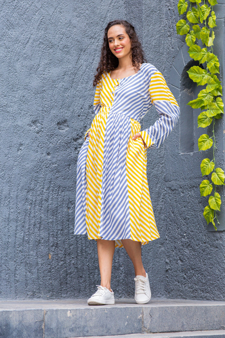 Slate Yellow Striped Maternity & Nursing Dress (100% Cotton) momzjoy.com