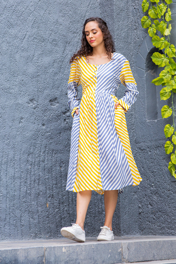 Slate Yellow Striped Maternity & Nursing Dress (100% Cotton) momzjoy.com