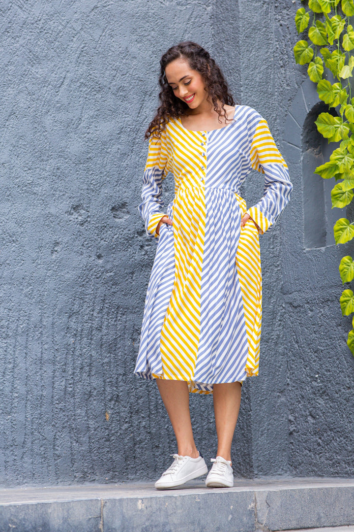 Slate Yellow Striped Maternity & Nursing Dress (100% Cotton) momzjoy.com