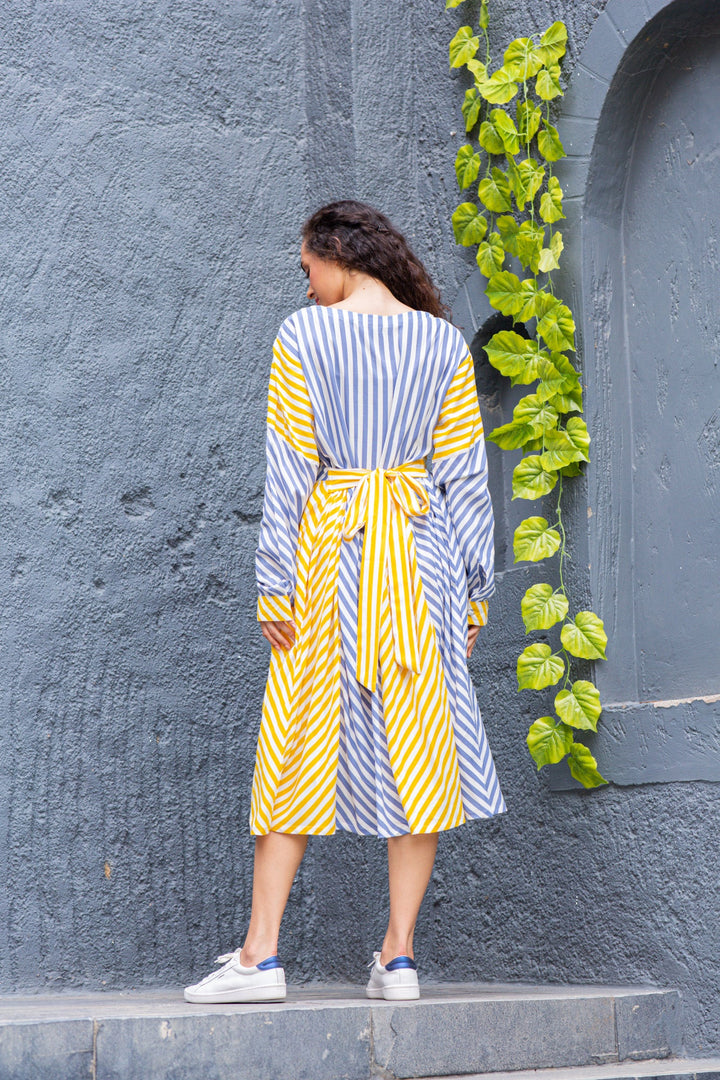 Slate Yellow Striped Maternity & Nursing Dress (100% Cotton) momzjoy.com