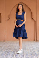 Classic Navy Blue Sleeveless Maternity & Nursing Frill Dress (100% Cotton) momzjoy.com