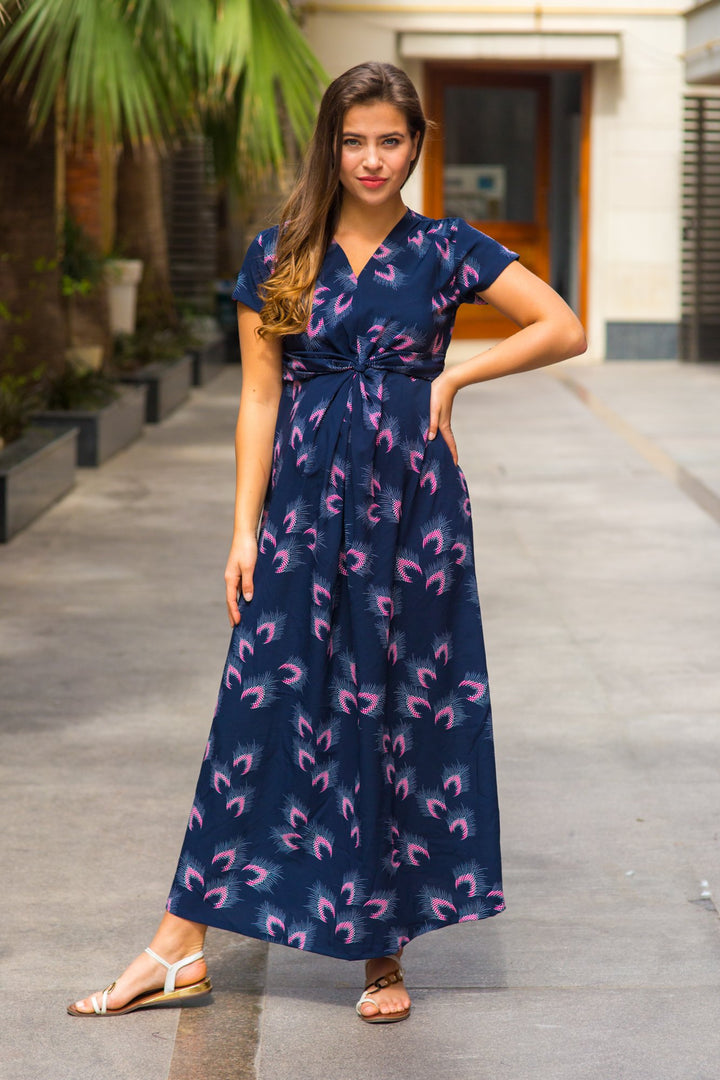 Navy Feather Maternity Knot Dress MOMZJOY.COM