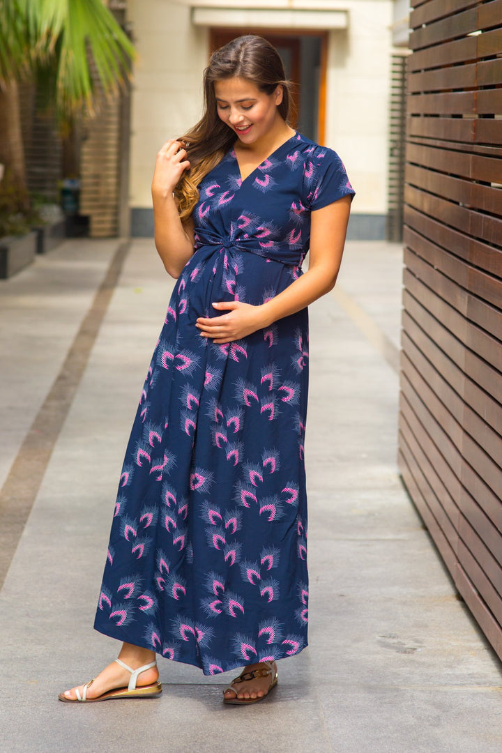 Navy Feather Maternity Knot Dress MOMZJOY.COM