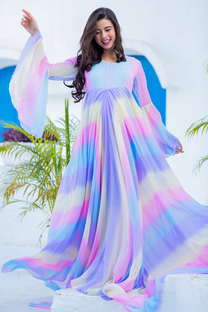 Luxe Cascading Rainbow Maternity & Nursing Flair Concealed Zip Dress MOMZJOY.COM