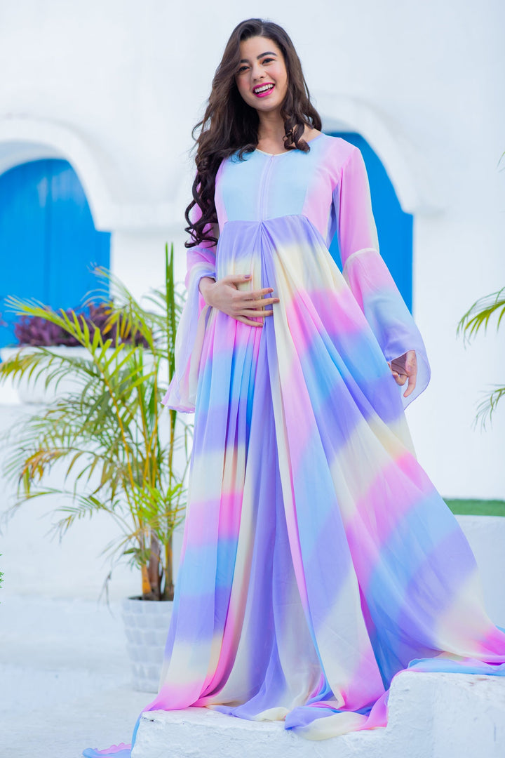 Luxe Cascading Rainbow Maternity & Nursing Flair Concealed Zip Dress MOMZJOY.COM