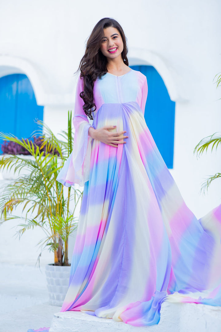 Luxe Cascading Rainbow Maternity & Nursing Flair Concealed Zip Dress MOMZJOY.COM