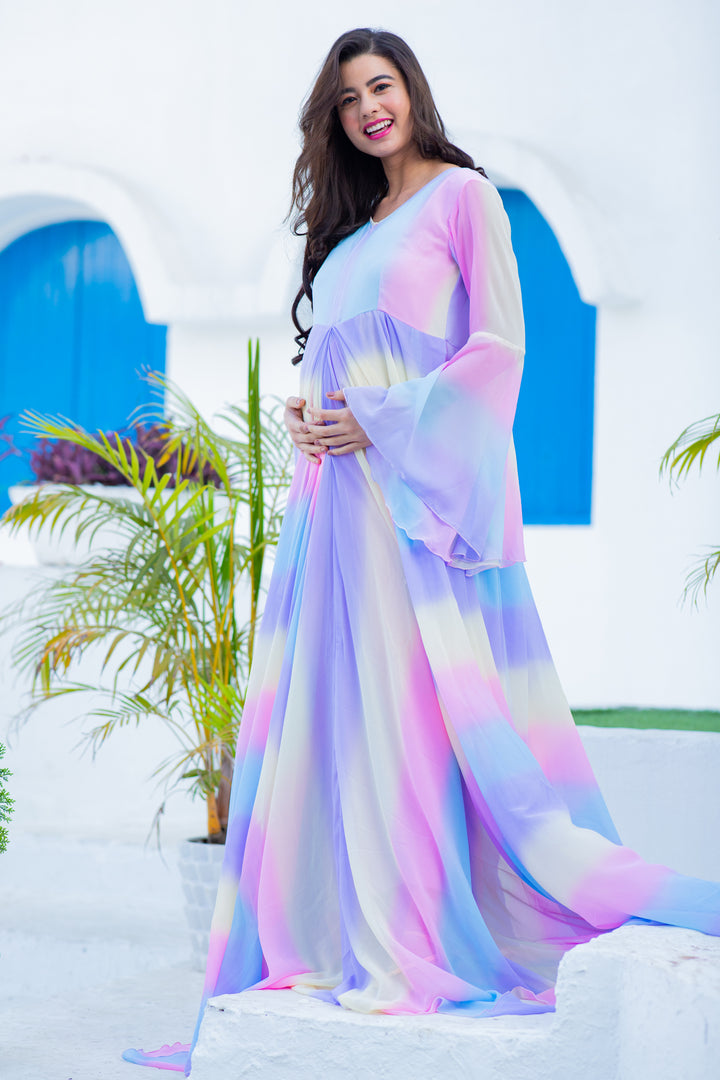 Luxe Cascading Rainbow Maternity & Nursing Flair Concealed Zip Dress MOMZJOY.COM