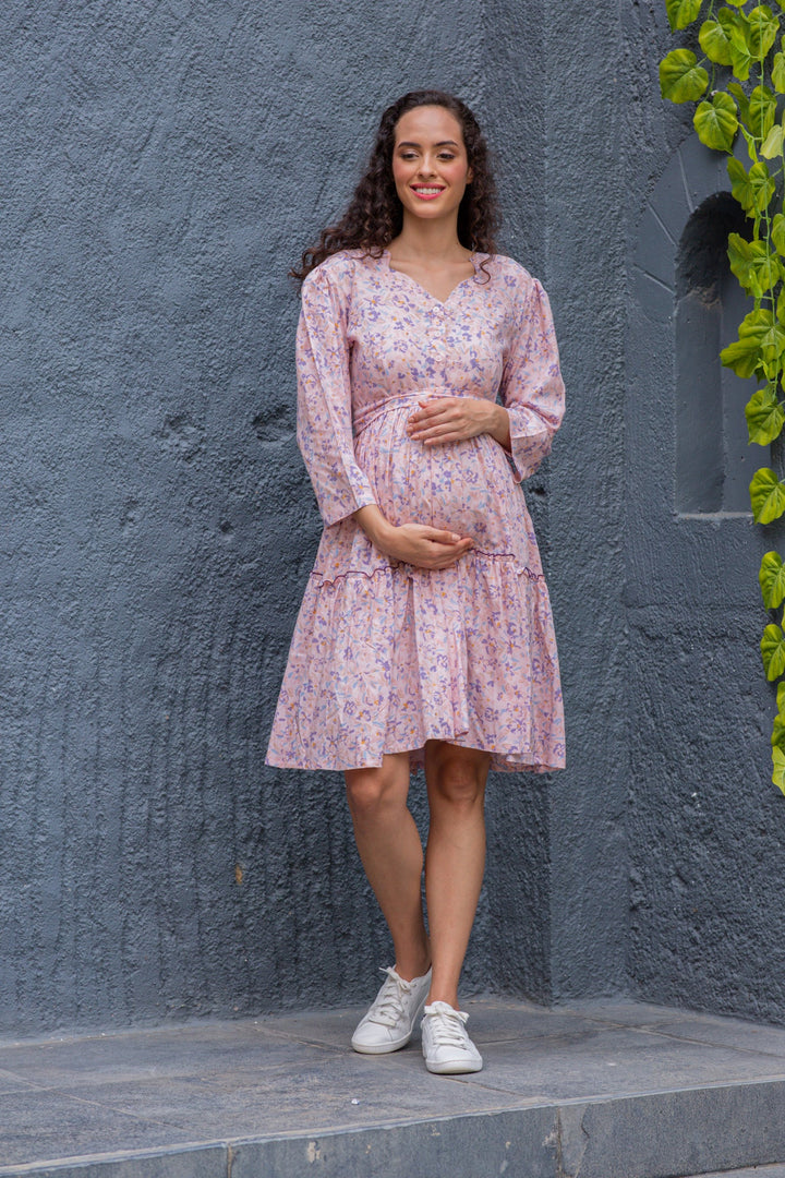 Sassy Rose Quartz Blooming Maternity & Nursing Flair Dress MOMZJOY.COM