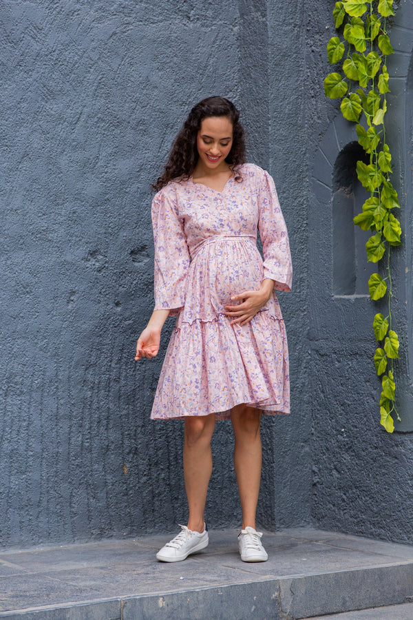 Sassy Rose Quartz Blooming Maternity & Nursing Flair Dress MOMZJOY.COM