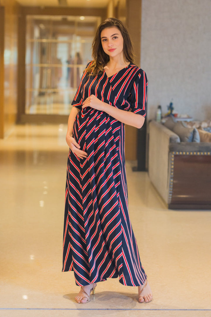 Nautical Red Striped Maternity & Nursing Wrap Dress - MOMZJOY.COM