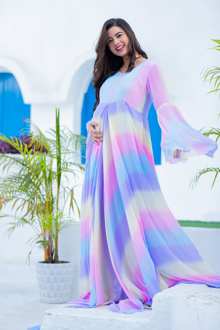 Luxe Cascading Rainbow Maternity & Nursing Flair Concealed Zip Dress MOMZJOY.COM