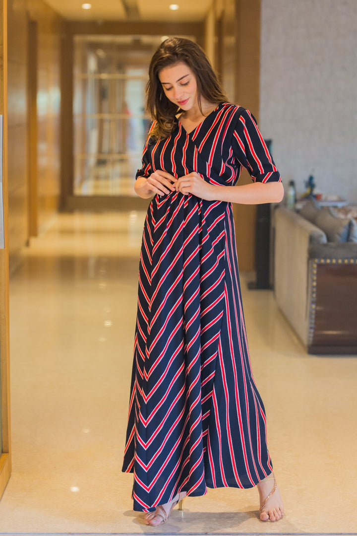 Nautical Red Striped Maternity & Nursing Wrap Dress - MOMZJOY.COM