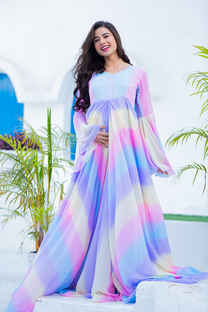 Luxe Cascading Rainbow Maternity & Nursing Flair Concealed Zip Dress MOMZJOY.COM