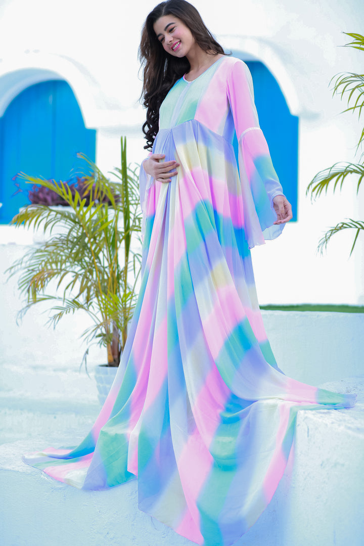 Luxe Cascading Rainbow Maternity & Nursing Flair Concealed Zip Dress MOMZJOY.COM