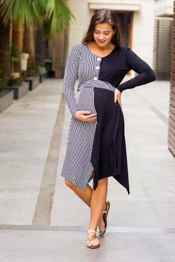 Asymmetrical Solid Stripe Maternity Dress MOMZJOY.COM
