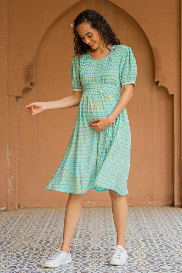 Pistachio Floral Maternity & Nursing Pintucks Knee Dress momzjoy.com