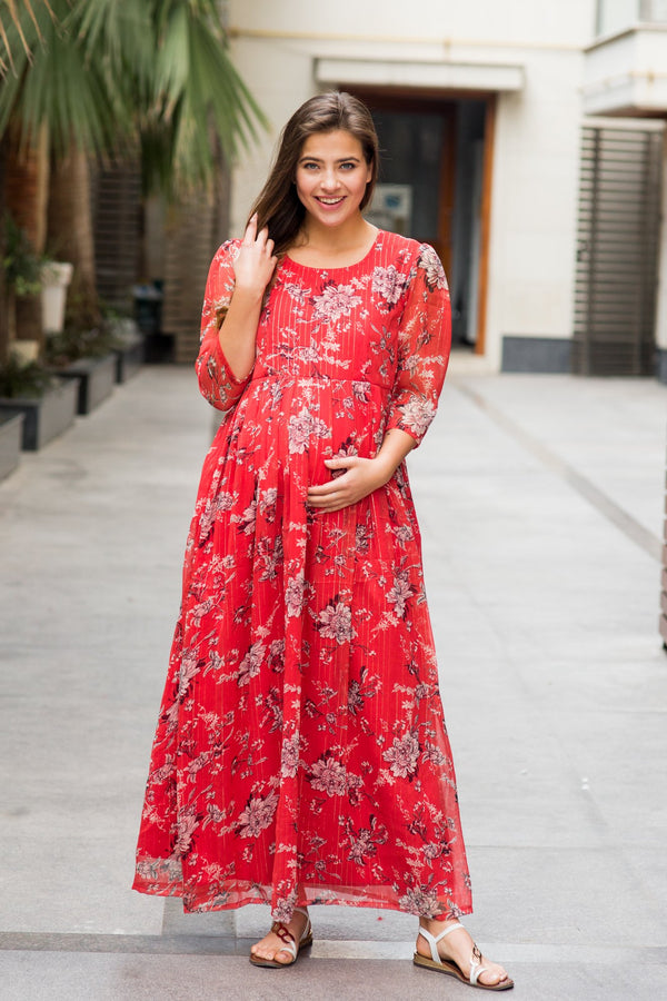 Luxe Chiffon Tangerine Floral Maternity & Nursing Dress - MOMZJOY.COM