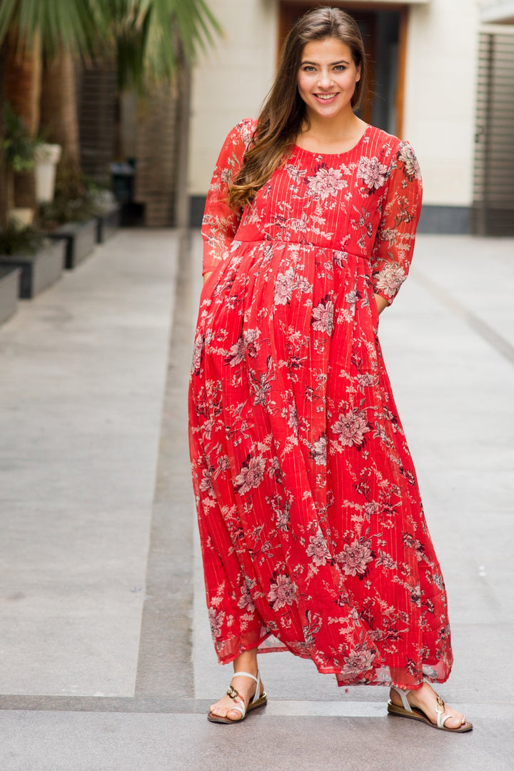 Luxe Chiffon Tangerine Floral Maternity & Nursing Dress - MOMZJOY.COM