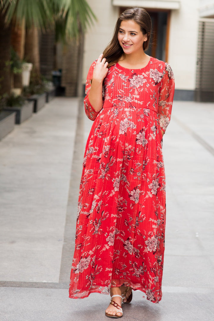 Luxe Chiffon Tangerine Floral Maternity & Nursing Dress - MOMZJOY.COM