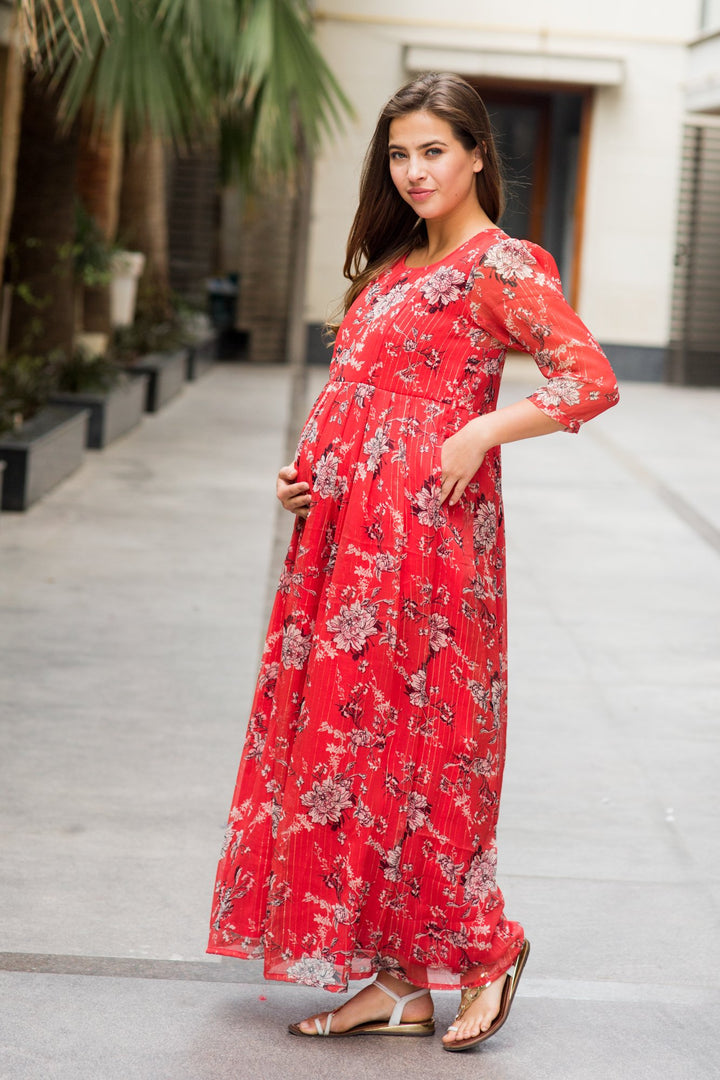 Luxe Chiffon Tangerine Floral Maternity & Nursing Dress - MOMZJOY.COM