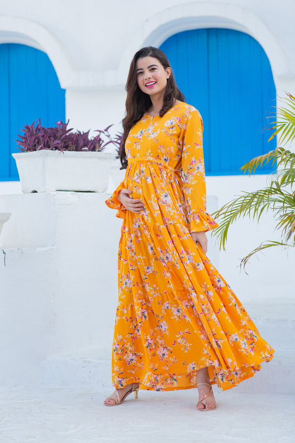 Flowy Sunshine Floral Maternity & Nursing Layer Dress MOMZJOY.COM