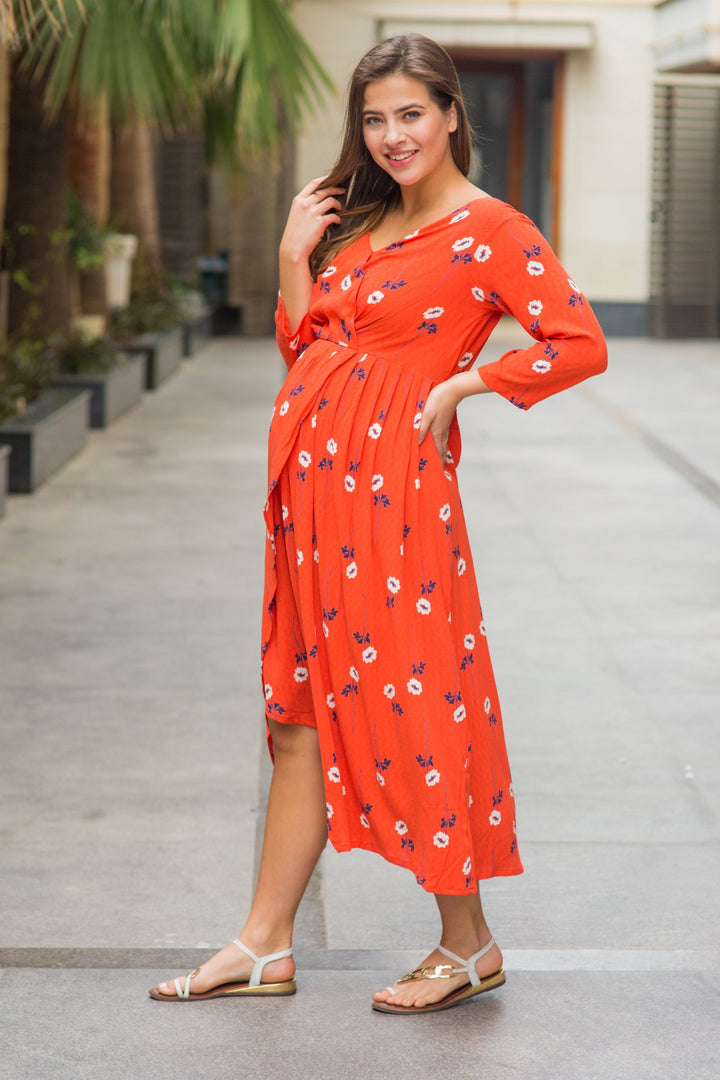 Amber Blossom Pleated Maternity Dress - MOMZJOY.COM