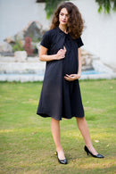Black Front Pleat Crepe Maternity & Nursing Swing Dress momzjoy.com
