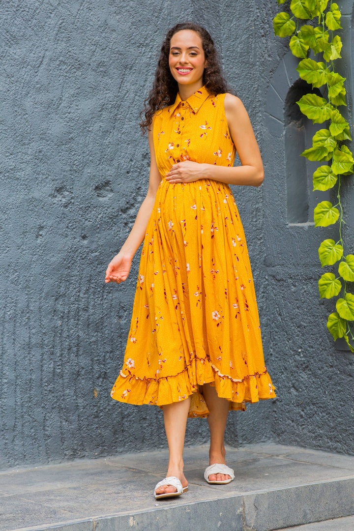 Adorable Marigold Maternity & Nursing Frill Dress momzjoy.com