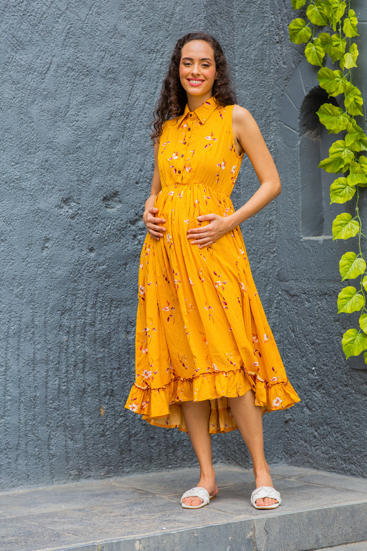 Adorable Marigold Maternity & Nursing Frill Dress momzjoy.com