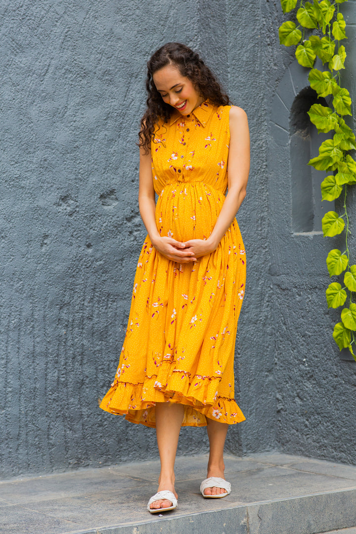 Adorable Marigold Maternity & Nursing Frill Dress momzjoy.com