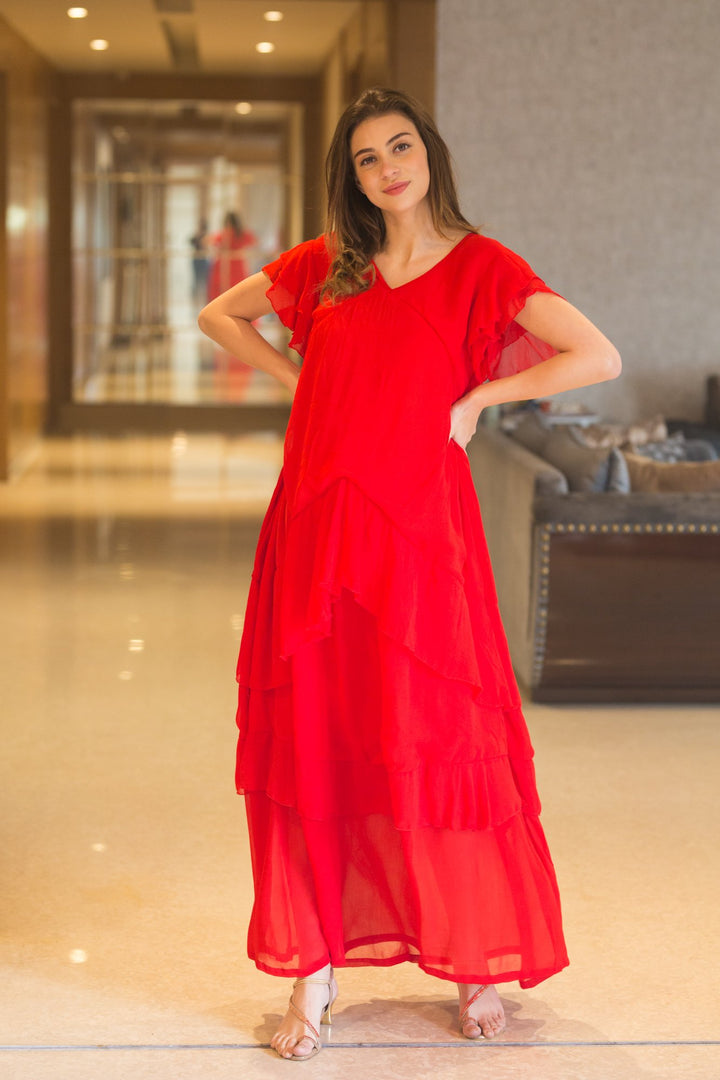 Blossom Red Maternity & Nursing Layer Dress MOMZJOY.COM