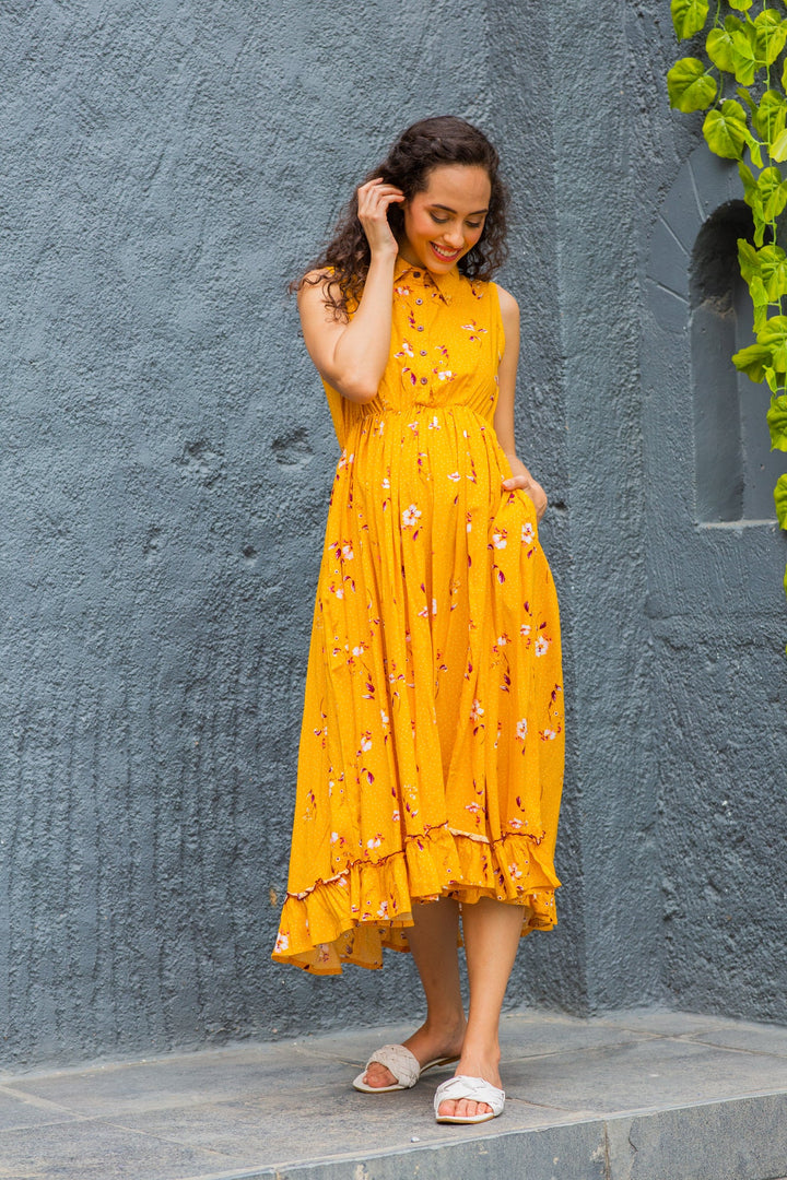 Adorable Marigold Maternity & Nursing Frill Dress momzjoy.com