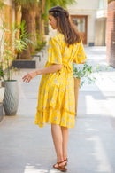 Sunshine Yellow Front Zip Maternity & Nursing Frill Dress momzjoy.com