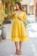 Sunshine Yellow Front Zip Maternity & Nursing Frill Dress momzjoy.com