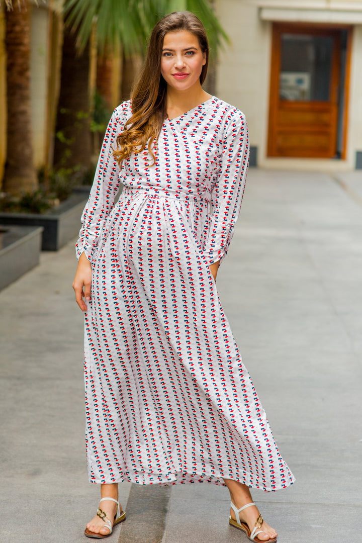 White Patterned Maternity & Nursing Wrap Dress - MOMZJOY.COM