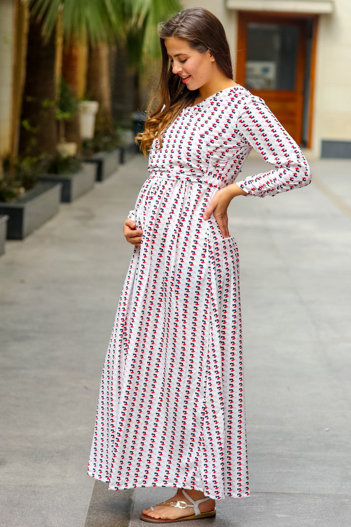 White Patterned Maternity & Nursing Wrap Dress - MOMZJOY.COM