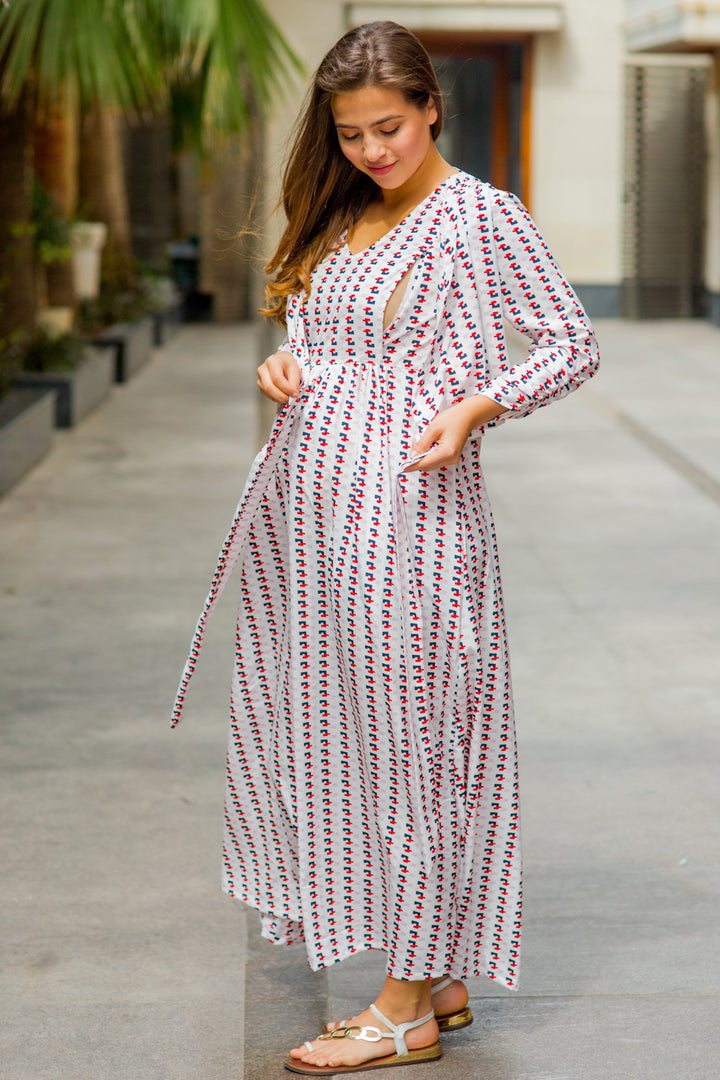 White Patterned Maternity & Nursing Wrap Dress - MOMZJOY.COM