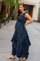 Luxe Navy Gold Speckle Embellished Maternity Flow Dress momzjoy.com
