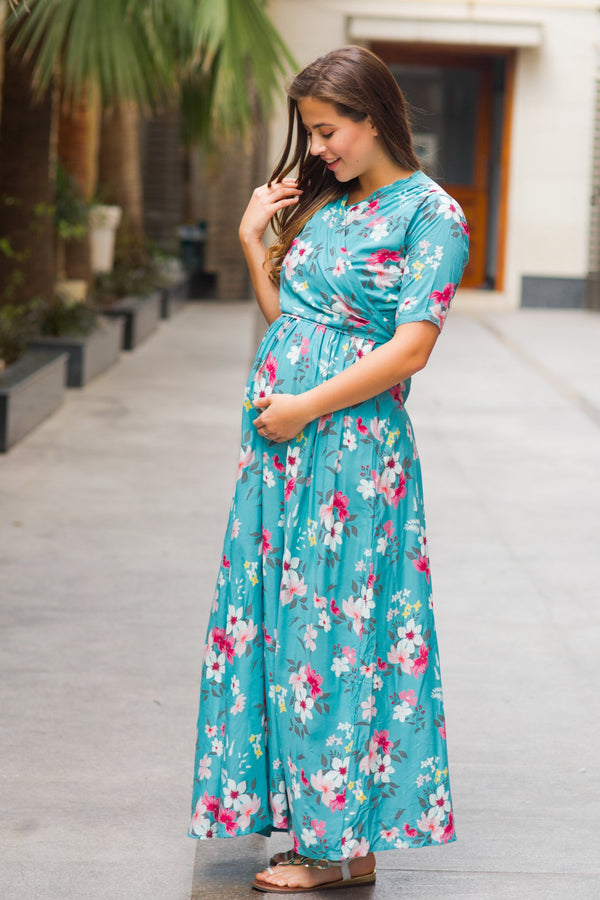 Baby Blue Floral Maternity & Nursing Wrap Dress MOMZJOY.COM
