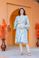 Pastel Blue Floral Front Button Maternity & Nursing Dress momzjoy.com