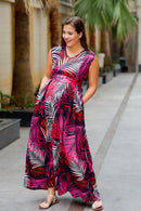 Flamingo Pink Leafy Maternity & Nursing Dress MOMZJOY.COM