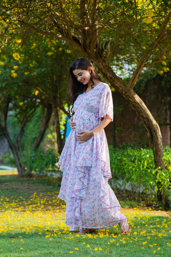 Luxe Soothing Light Pink Maternity & Nursing Flow Dress momzjoy.com