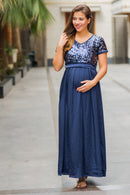 Luxe Blue Silver Sequin Maternity Dress momzjoy.com