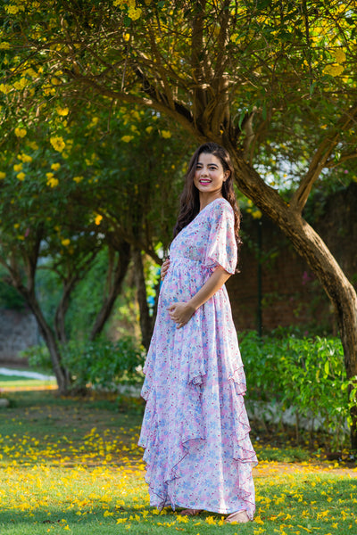 Luxe Soothing Light Pink Maternity & Nursing Flow Dress momzjoy.com