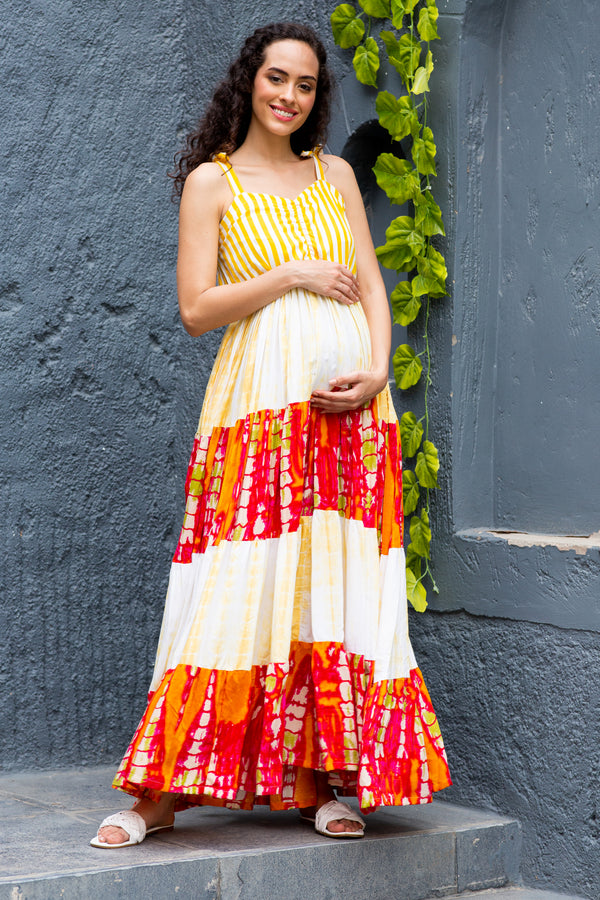 Serene Yellow Tie & Dye Flowy Maternity & Nursing Dress momzjoy.com
