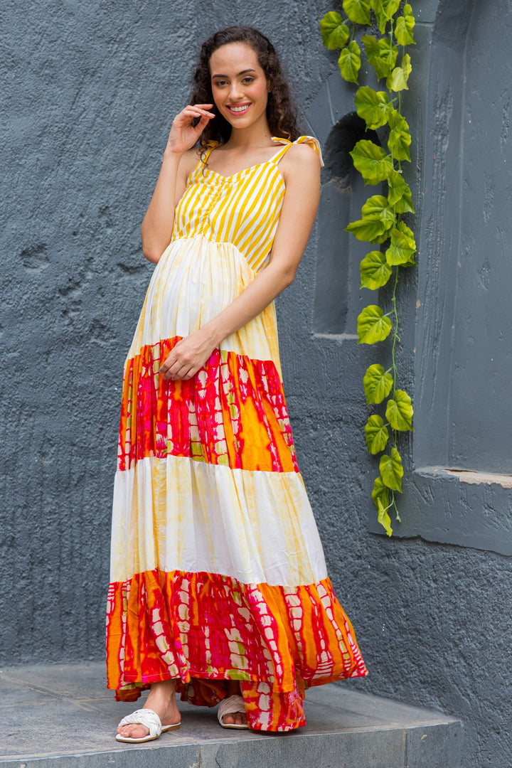 Serene Yellow Tie & Dye Flowy Maternity & Nursing Dress momzjoy.com