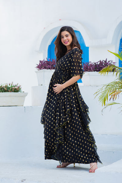 Luxe Midnight Gold Embellished Maternity & Nursing Flow Dress momzjoy.com
