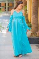 Luxury Sky Blue Cold Shoulder Maternity Gown momzjoy.com