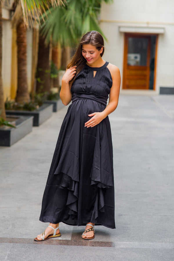 Luxe Noir Ruching Maternity Flow Dress momzjoy.com